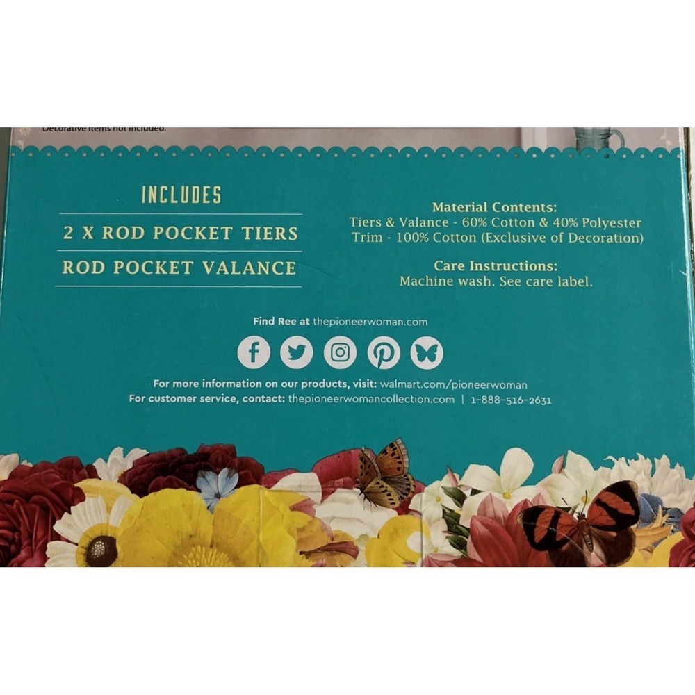 Pioneer Women Small Window Curtain Set Sweet Rose 2 Rod Pocket Tiers & Valance - Picture 5 of 5